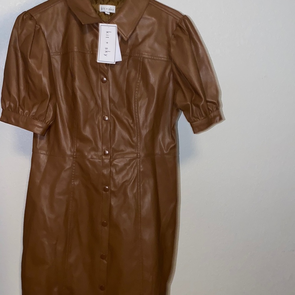 Kit & Sky Faux-Leather Puff-Sleeve Fit & Flare Large Dress- Brown